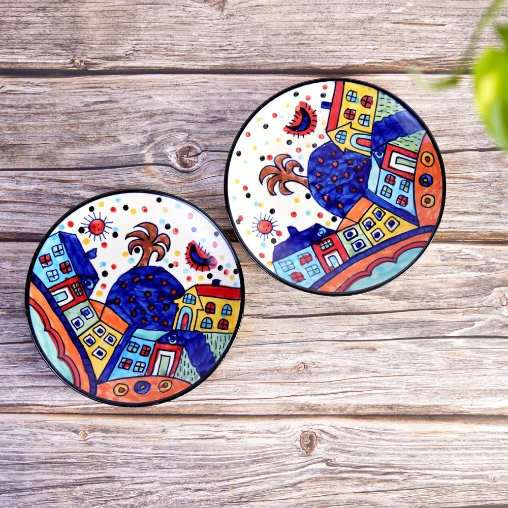 HOUSELA Hut-Handcrafted Hut Dining Quarter Plates Pair Handpainted Ceramic Dinner Plates (7 Inches, 2 Pieces, Microwave & Dishwasher Safe)-Multicolor
