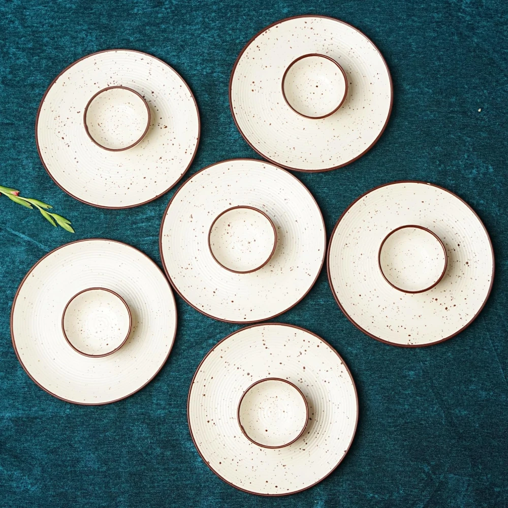 Handcrafted Ceramic Stoneware Dinner Set of 12 Pieces with Serving Bowls | 6 Dinner Plates & 6 Bowl/katori | Bone Ash Free | Microwave and Dishwasher Safe – Off White