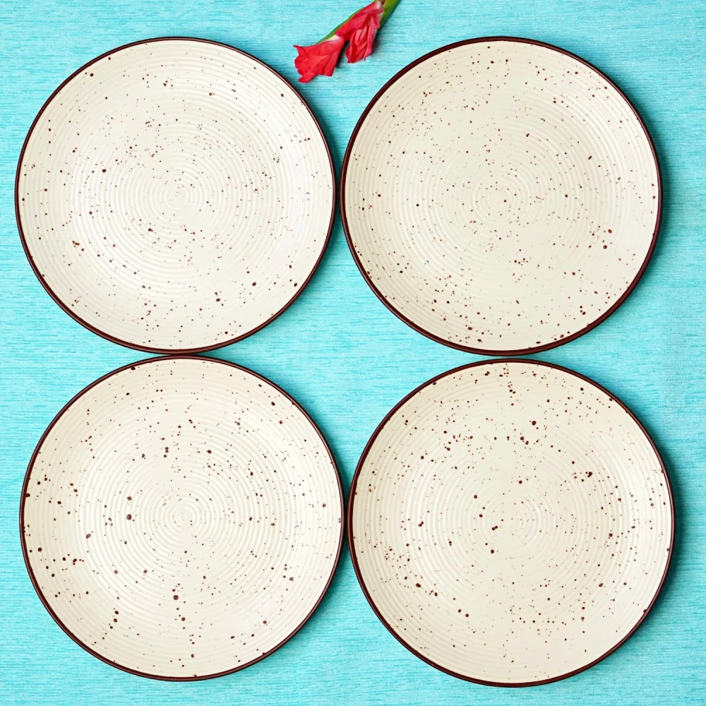 HOUSELA Stoneware Ceramic Dinner Plates Set of 4 (10.3 Inch) | Off White Ribbed Design Plates | Microwave & Dishwasher Safe | Tableware Set for Dining Table