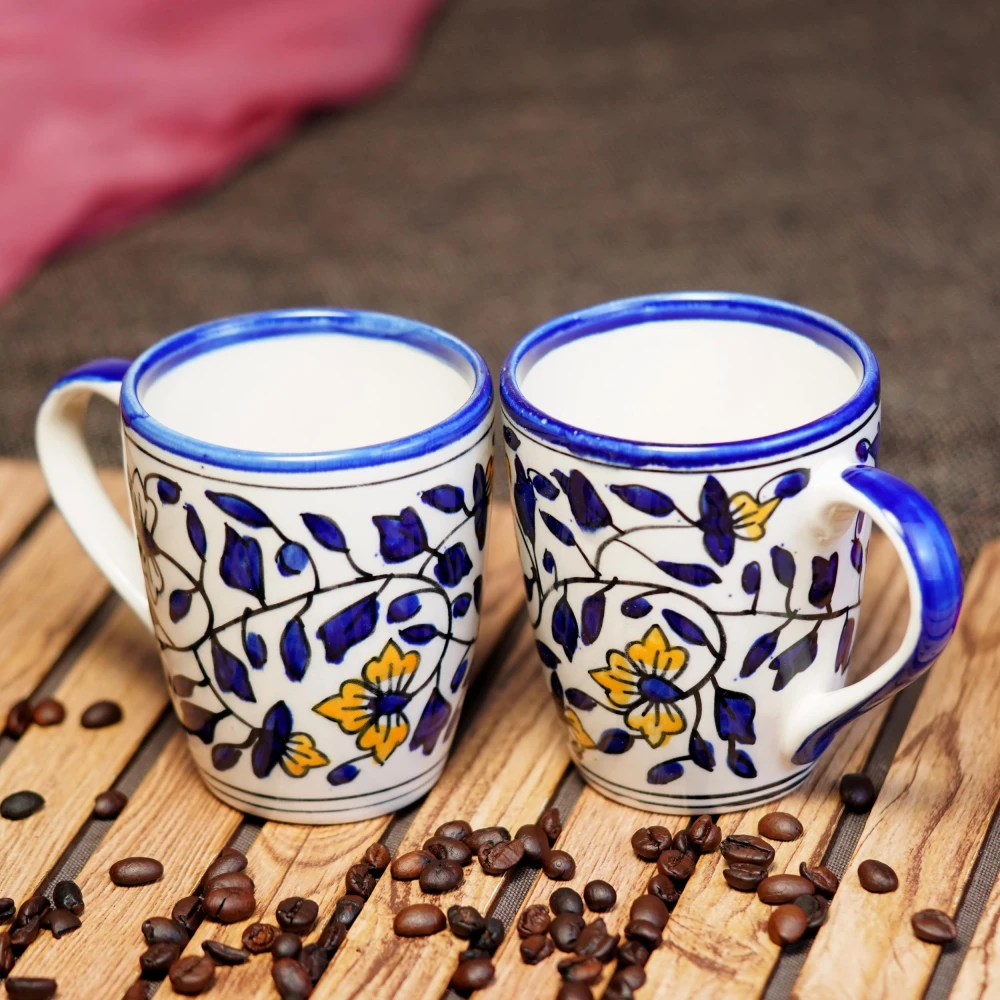 Rudrart Creation Floral Design Hand Painted Ceramic Coffee Mugs, 250ml Each, Set of 2