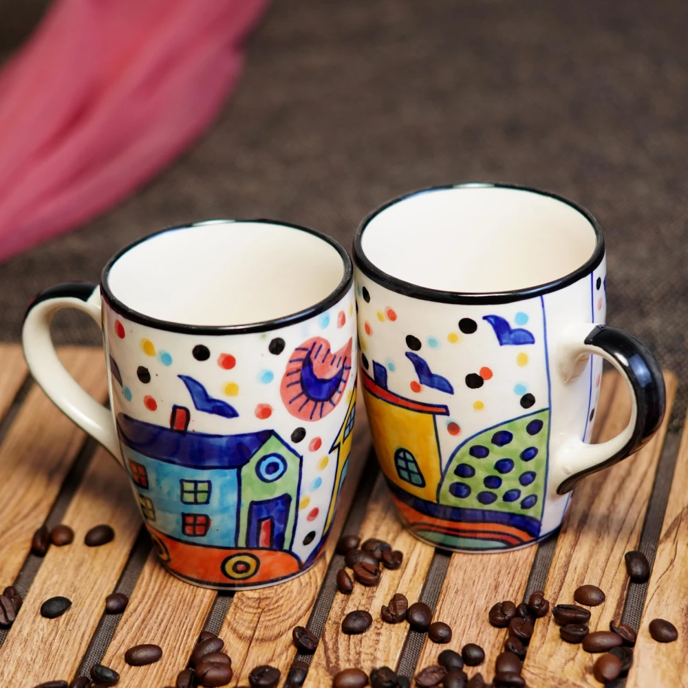 Rudrart Creation Hut Hand-Painted Ceramic Coffee Mug Set of 2 (270 ML) | Artistic Tea & Milk Cups | Multicolor Designer Handcrafted Mugs | Microwave & Dishwasher Safe | Gift for Home & Office Use