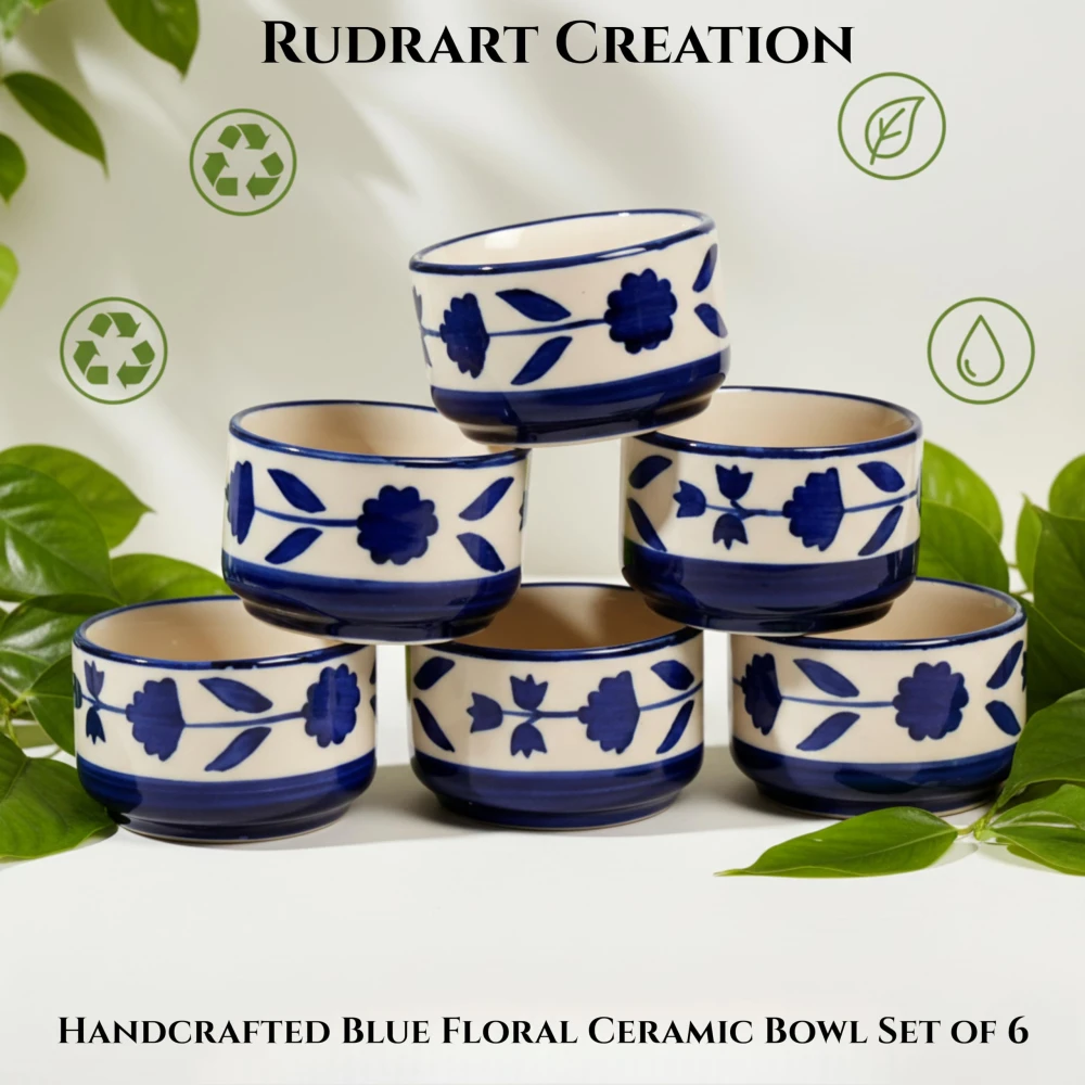 Rudrart Creation Handcrafted Ceramic Serving Bowl Set | Blue Floral Hand-Painted Bowls for Dining & Kitchen Use | Ideal for Serving Snacks, Soups | Microwave & Dishwasher Safe | (Set of 6)