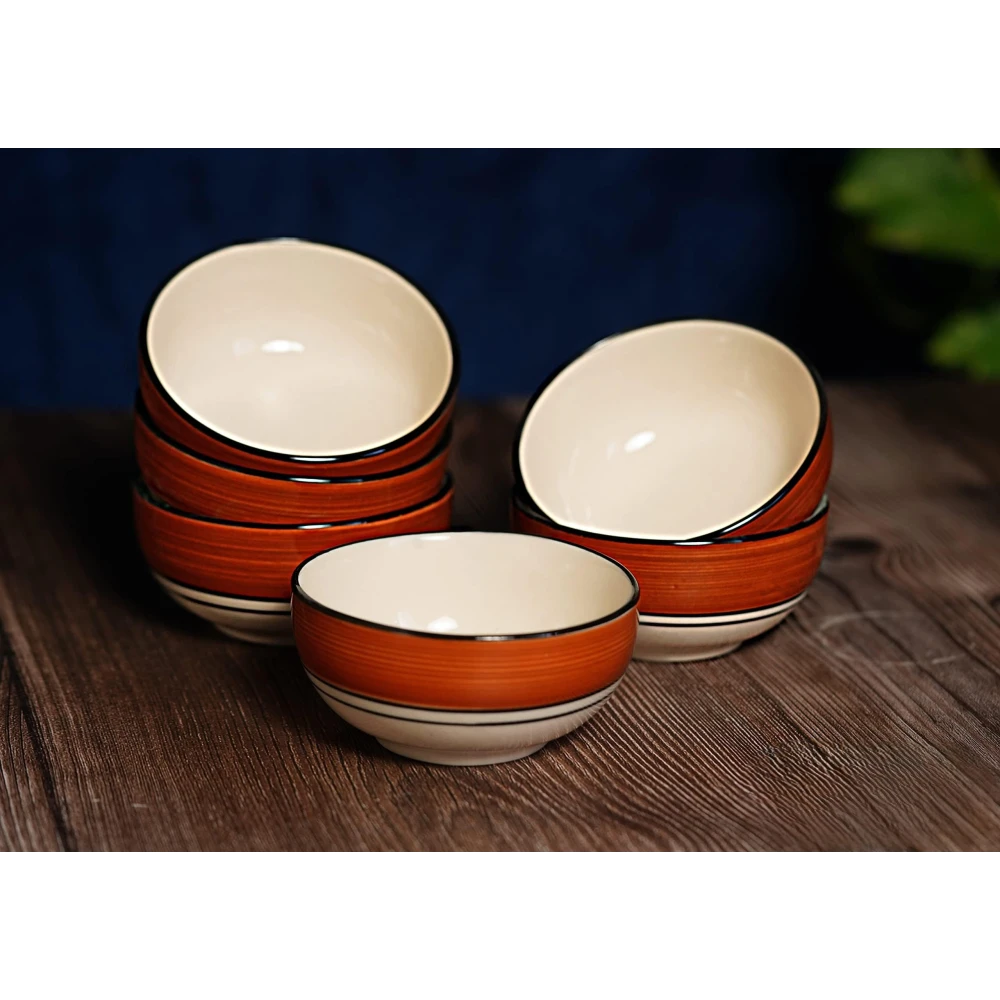 HOUSELA Hand-Painted Multicolored Ceramic Bowls Set Ceramic Vegetable Bowl (Multicolor, Pack of 6) Brown & White