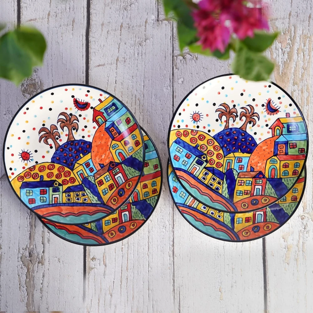 HOUSELA Hut Dining Hand-Painted Stoneware Premium Ceramic 10-inch Dinner Plate Set of 4 Pcs | Bone Ash Free | Microwave and Dishwasher Safe - Multicolor