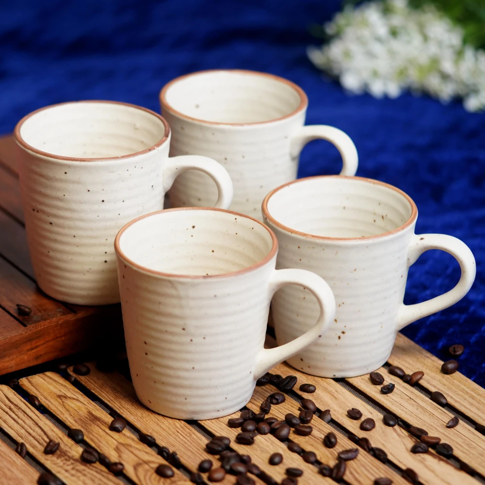 HOUSELA Matty White Hand-Painted Serving Tea Cups Set Milk Mugs & Ceramic Coffee Mugs Set of 4 (270 ML, Microwave & Dishwasher Safe)