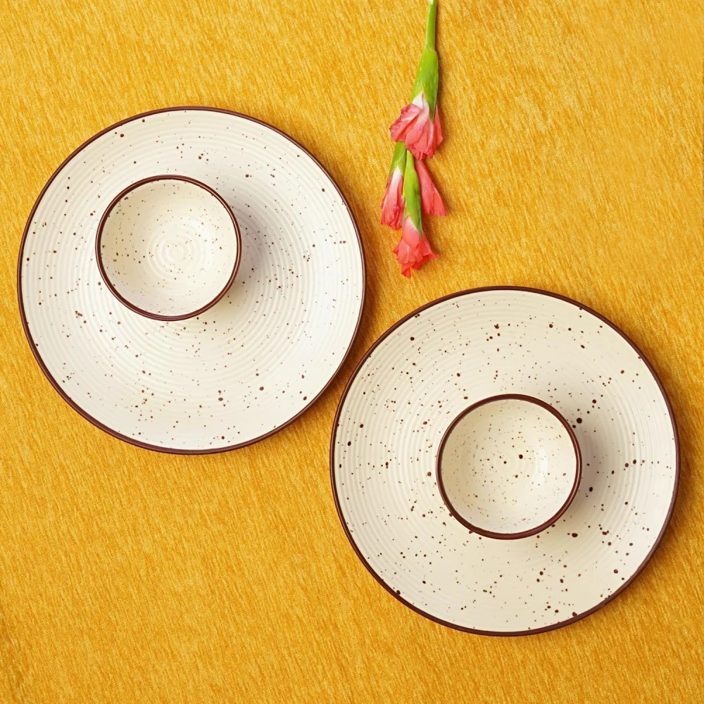 Housela Stoneware Ceramic Solid Dinner Set of 4 Pieces for Dinner with Katoris (4 Pieces, 2 Bowl & 2 Plates, Dishwasher & Microwave Safe)-Dinner Sets Ceramic Bowls Set Dinnerware Set-Off White