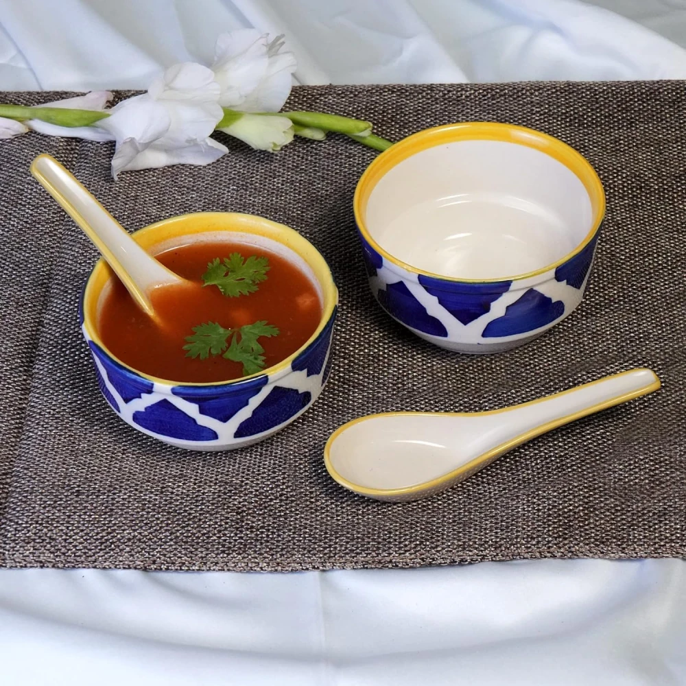 HOUSELA Soupy Floral Handpainted Ceramic Modern Soup Set Bowl with Spoon Microwave Safe Dishwasher Safe (300 ml, Blue & White) -Set of 2