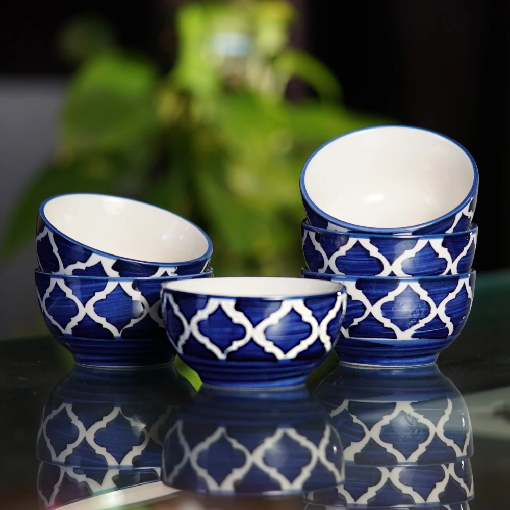 Rudrart Creations Hand-Painted Umrao/Moroccan Design Handpainted Bowls Set in Blue and White Color for Vegetable Bowl/Dessert Bowl/Soup Bowl (Multicolor, Pack of 6)