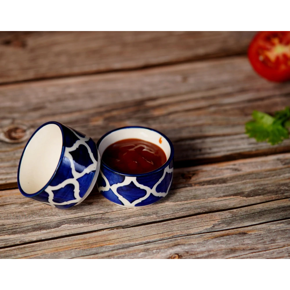 HOUSELA Handpainted Moroccan/Umrao Pattern Ceramic Dip Bowl/Chutney Bowl/Pickle Bowl/Sauce Bowl/Small Katori Set in Round Shape (40 ML, Small, Set of 2 (Blue & White)