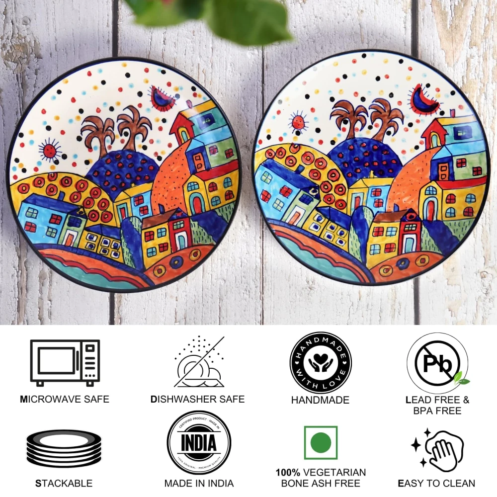 Hut Dining Hand-Painted Stoneware Premium Ceramic 10-inch Dinner Plate Set of 2 Pcs | Bone Ash Free | Microwave and Dishwasher Safe - Multicolor