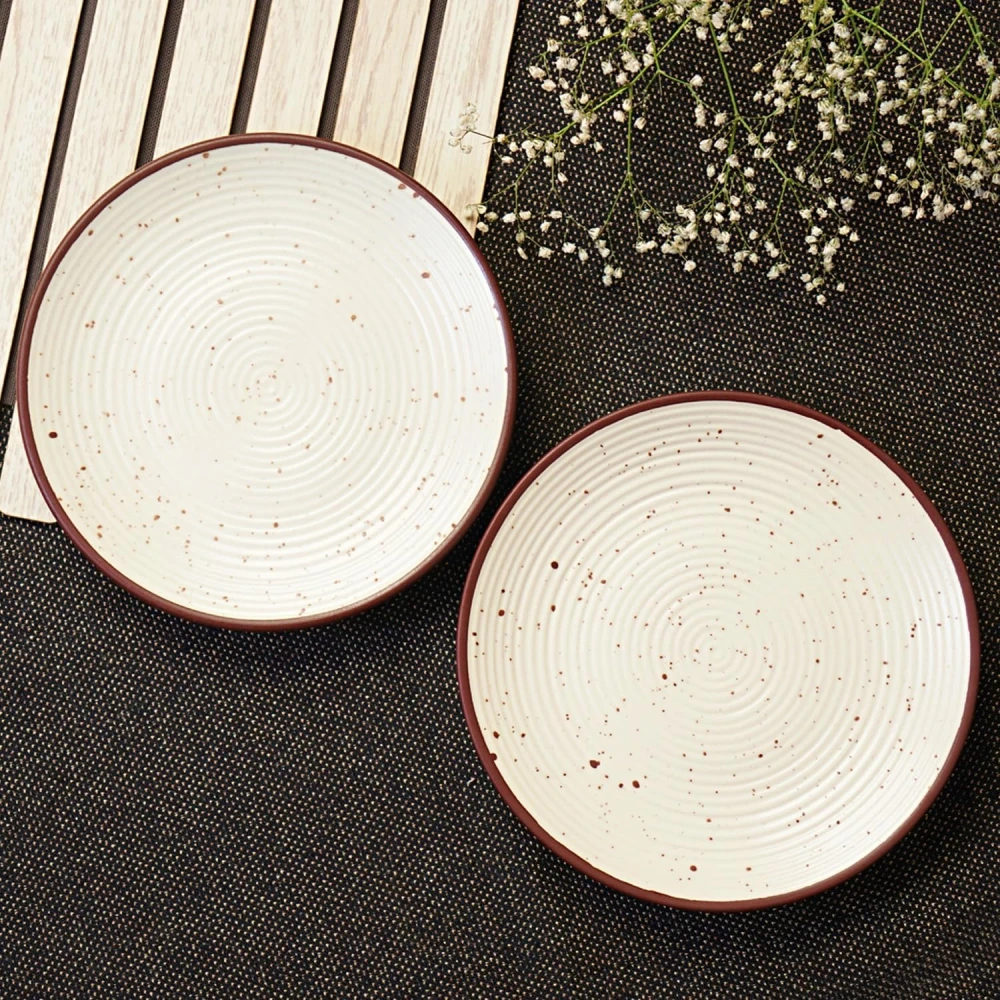 Cream Ribbed Stoneware Dinner Plates 10.3 Inch Set of 2 Pcs Ceramic Plates for Dinner | Microwave & Dishwasher Safe | Off White