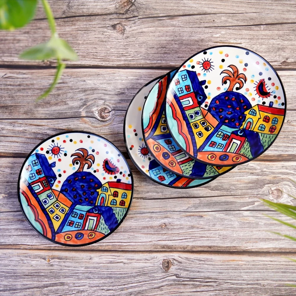 HOUSELA Hut-Handcrafted Hut Dining Quarter Plates Pair Handpainted Ceramic Dinner Plates (7 Inches, 4 Pieces, Microwave & Dishwasher Safe)-Multicolor