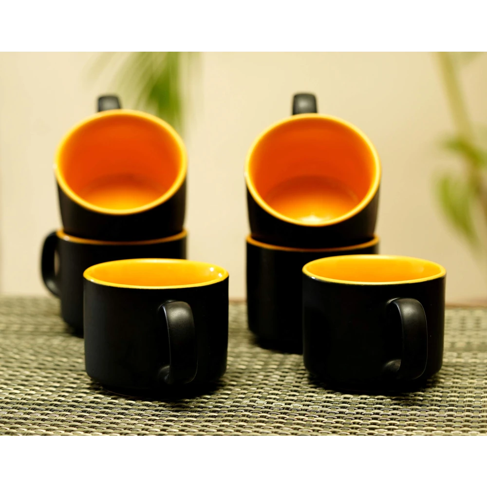 HOUSELA Hand-Painted Studio Pottery Tea/Coffee Cups in Ceramic (Set of 6, Microwave Safe) Color-Black & Yellow
