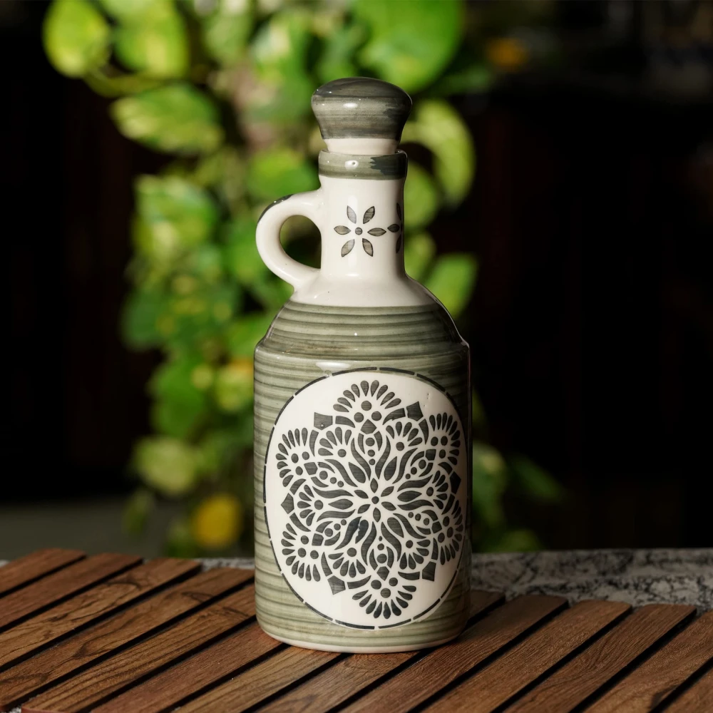 HOUSELA Grey Flowy Flora Ceramic Art 1000 Ml Oil Dispenser for Kitchen, Oil Bottle,100% Food & Microwave Safe| Ideal Gifting and for Kitchen, 1 Piece
