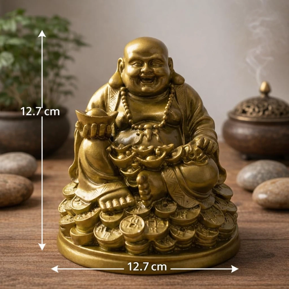 LUXEBERRY Laughing Buddha Sitting on Luck Money Coins Carrying Golden Ingot for Good Luck & Happiness | Showpiece for Home Deocration & Office | Gift for Wealth & Money Success and Happpiness | Resin