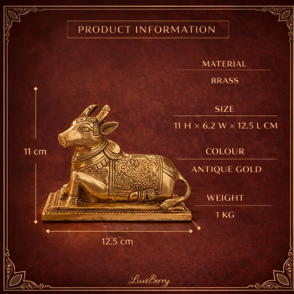 LUXEBERRY Brass Nandi Bull Idol with Tail for Shiv Puja | Astadhatu Finish Statue for Home Temple & Vastu Decor | Shiva Brishabh Nandi Murti for Pooja, Office and Gifting