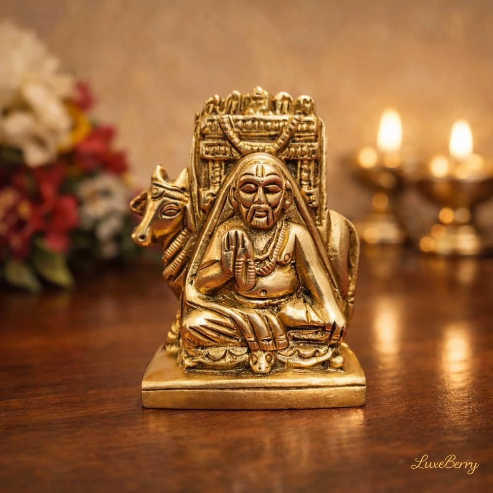 LUXEBERRY Raghavendra Swamy Brass Idol for Home & Mandir | Shri Guru Raghavendra Idol | Antique Finish | Home Temple Office Desk & Car Dashboard