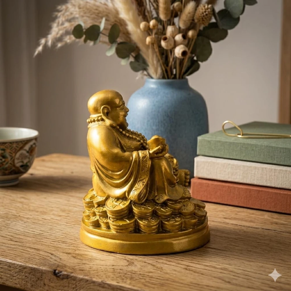 LUXEBERRY Laughing Buddha Sitting on Luck Money Coins Carrying Golden Ingot for Good Luck & Happiness | Showpiece for Home Deocration & Office | Gift for Wealth & Money Success and Happpiness | Resin