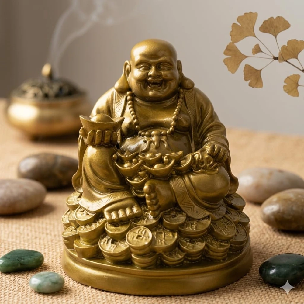 LUXEBERRY Laughing Buddha Sitting on Luck Money Coins Carrying Golden Ingot for Good Luck & Happiness | Showpiece for Home Deocration & Office | Gift for Wealth & Money Success and Happpiness | Resin