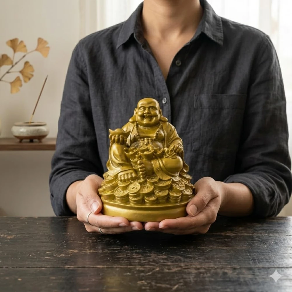 LUXEBERRY Laughing Buddha Sitting on Luck Money Coins Carrying Golden Ingot for Good Luck & Happiness | Showpiece for Home Deocration & Office | Gift for Wealth & Money Success and Happpiness | Resin