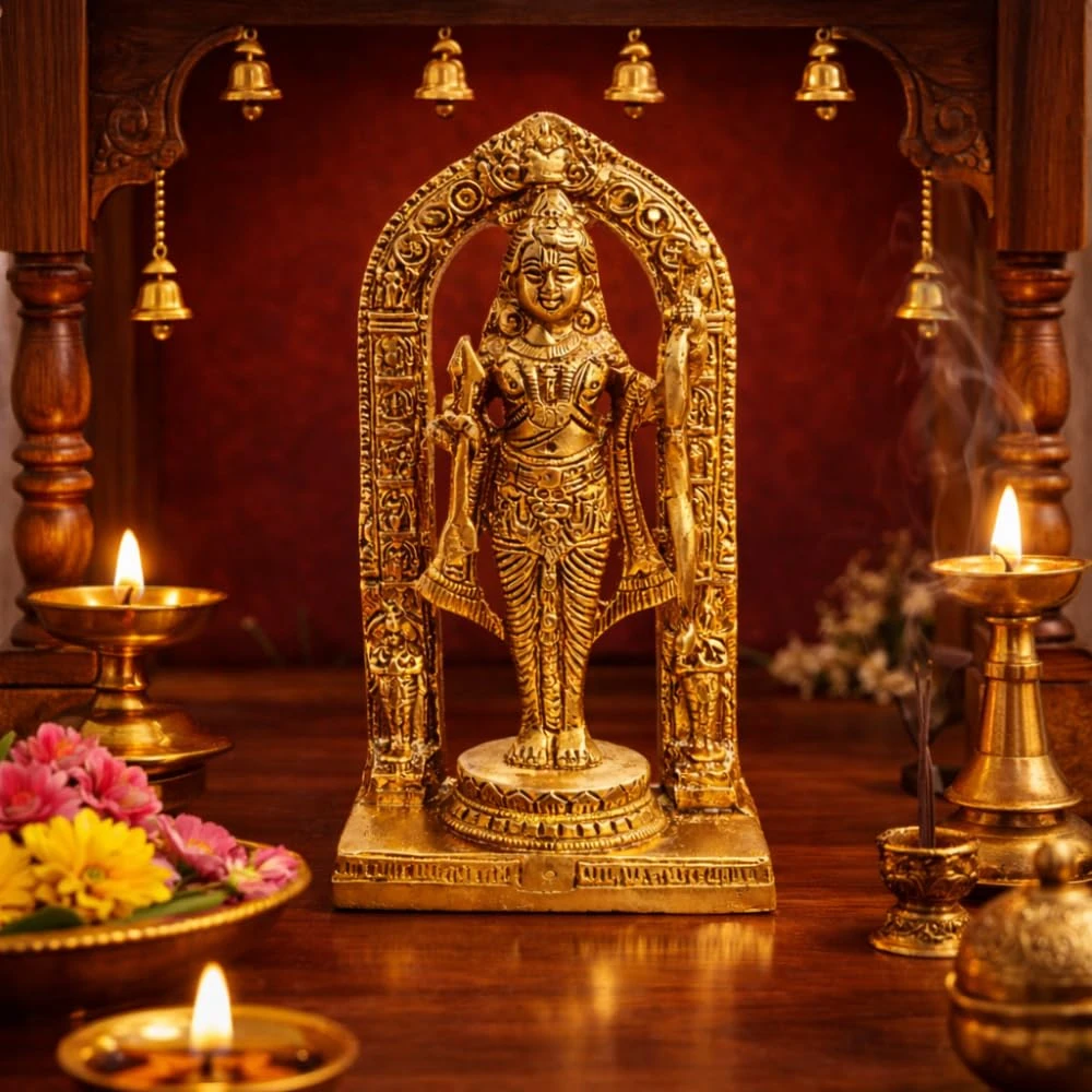 LUXEBERRY Brass Ram Lalla Shri Ram Ayodhya Temple Idol | Ram Lala Murti for Home Mandir, Pooja & Decor | Premium Brass Ram Statue (15 x 7.5 x 4 cm)