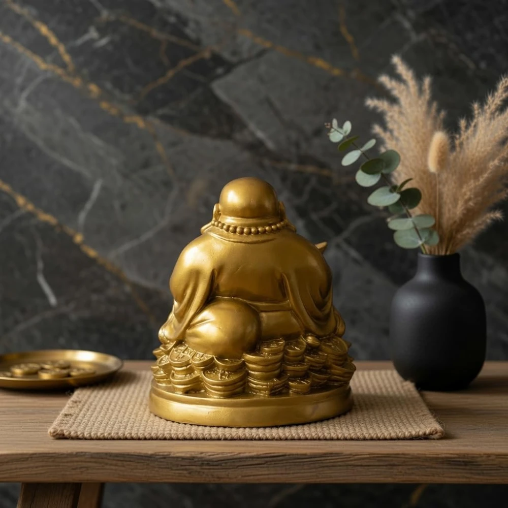 LUXEBERRY Laughing Buddha Sitting on Luck Money Coins Carrying Golden Ingot for Good Luck & Happiness | Showpiece for Home Deocration & Office | Gift for Wealth & Money Success and Happpiness | Resin