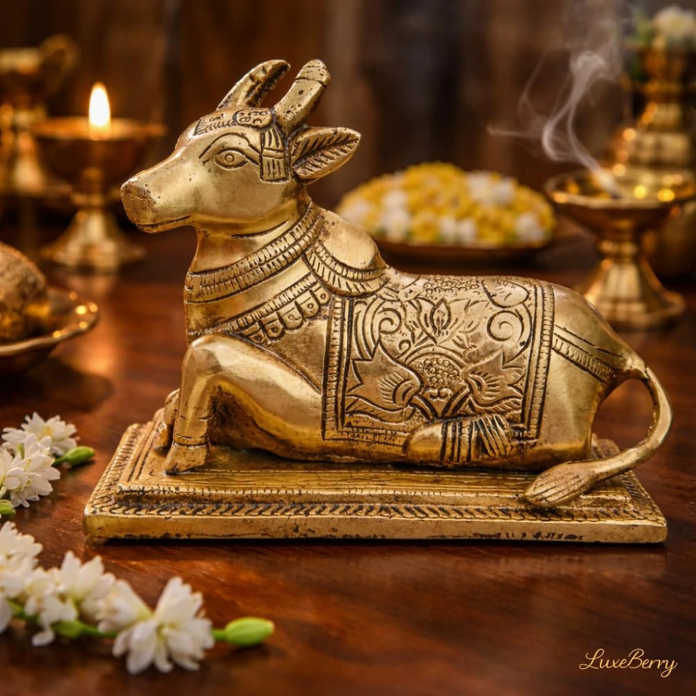 LUXEBERRY Brass Nandi Bull Idol with Tail for Shiv Puja | Astadhatu Finish Statue for Home Temple & Vastu Decor | Shiva Brishabh Nandi Murti for Pooja, Office and Gifting