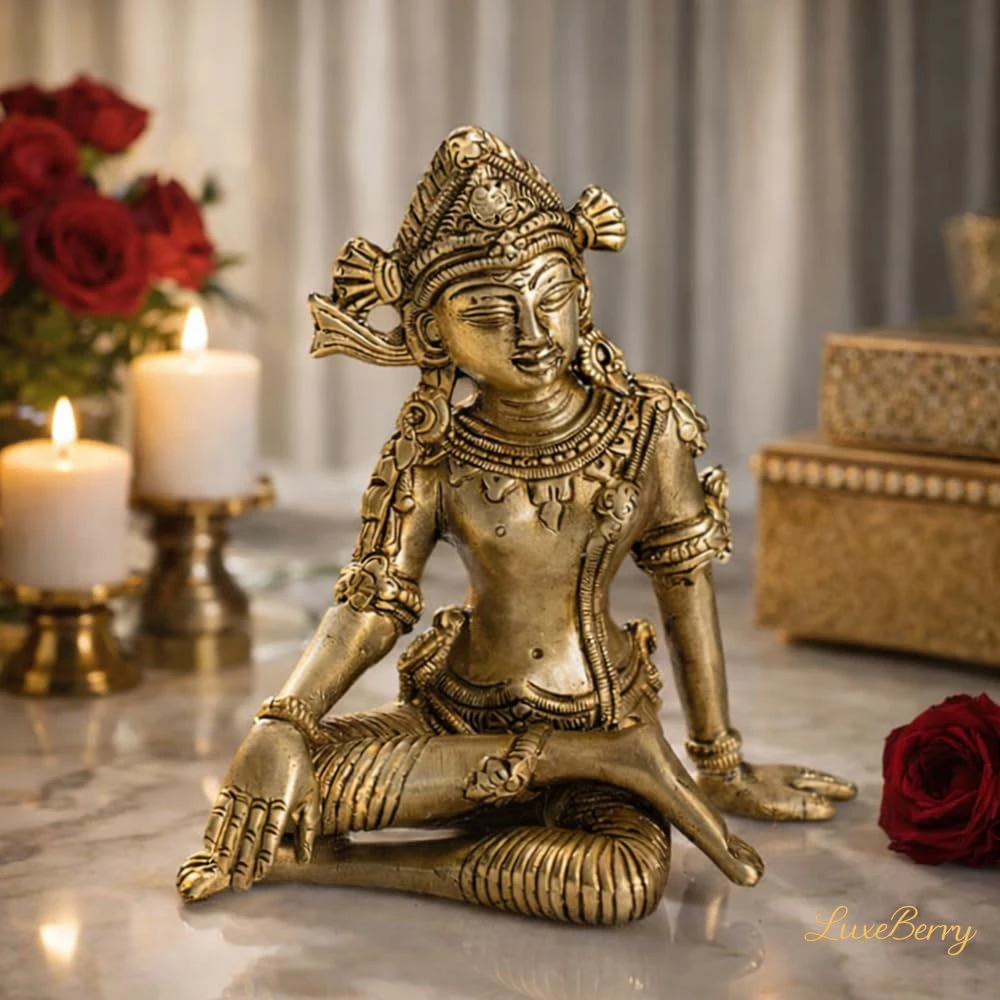 LUXEBERRY Brass Indra Dev Sitting Idol | Gold Finish Vastu Murti for Home & Office | Indradev Statue for Mandir, Pooja Room & Vastu Remedy | East Zonal Placement for home| Height 14 cm