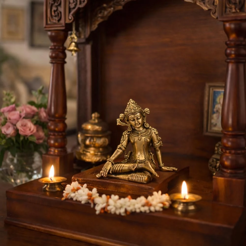 LUXEBERRY Brass Indra Dev Sitting Idol | Gold Finish Vastu Murti for Home & Office | Indradev Statue for Mandir, Pooja Room & Vastu Remedy | East Zonal Placement for home| Height 14 cm