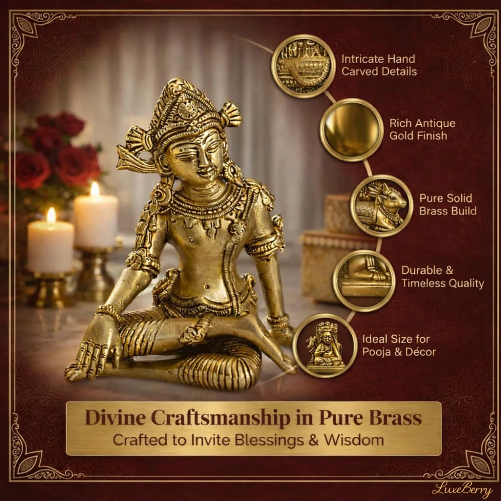LUXEBERRY Brass Indra Dev Sitting Idol | Gold Finish Vastu Murti for Home & Office | Indradev Statue for Mandir, Pooja Room & Vastu Remedy | East Zonal Placement for home| Height 14 cm