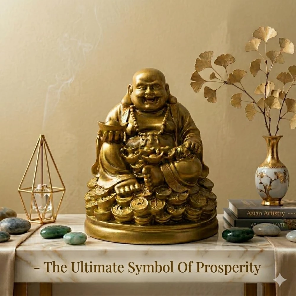 LUXEBERRY Laughing Buddha Sitting on Luck Money Coins Carrying Golden Ingot for Good Luck & Happiness | Showpiece for Home Deocration & Office | Gift for Wealth & Money Success and Happpiness | Resin