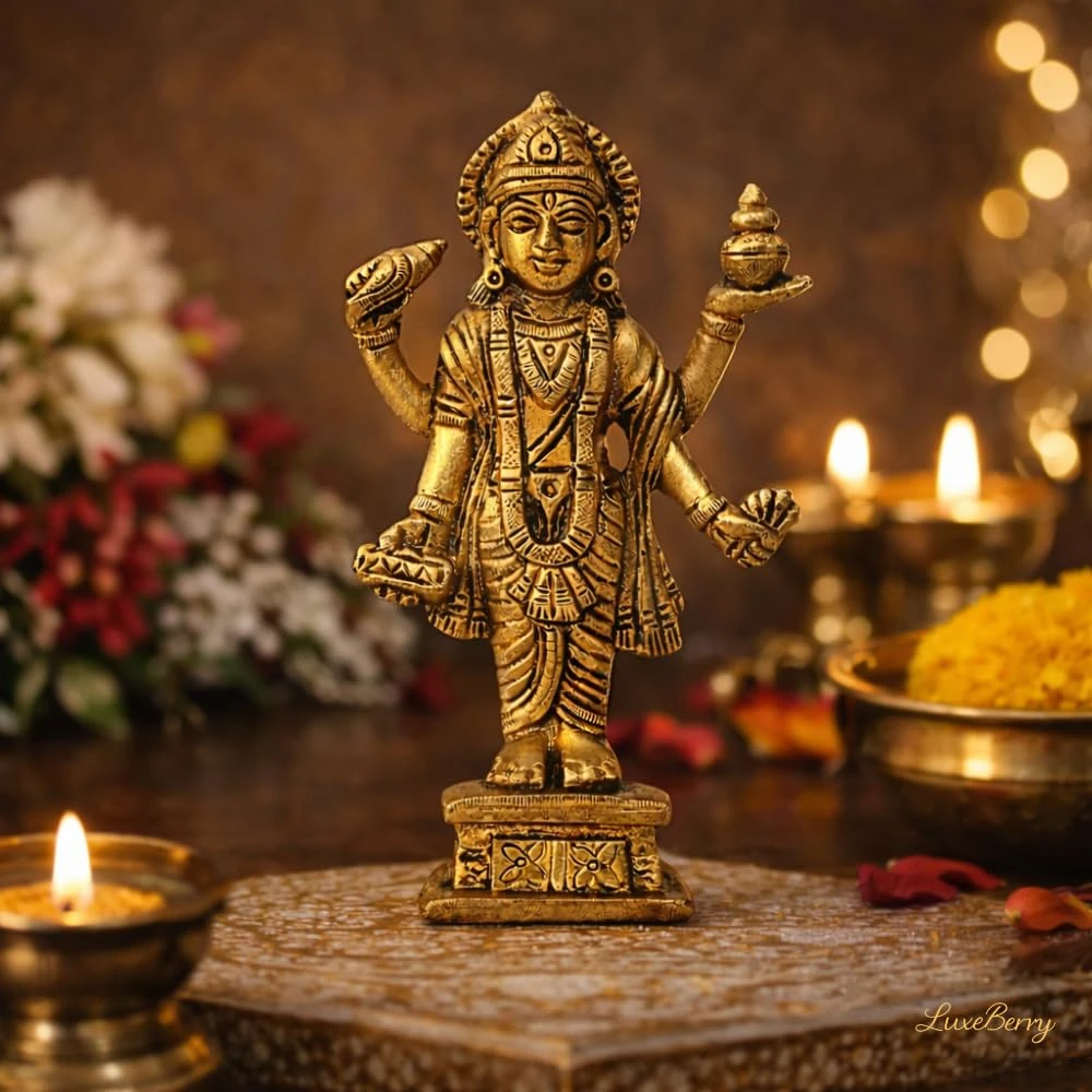LUXEBERRY Brass Statue of Dhanvantari Idol of Ayurveda, Brass Shri Vishnu Avtar, for Home Decor Idol for Mandir | Dhanvantari | Dhanvantari car Dashboard | Small Size