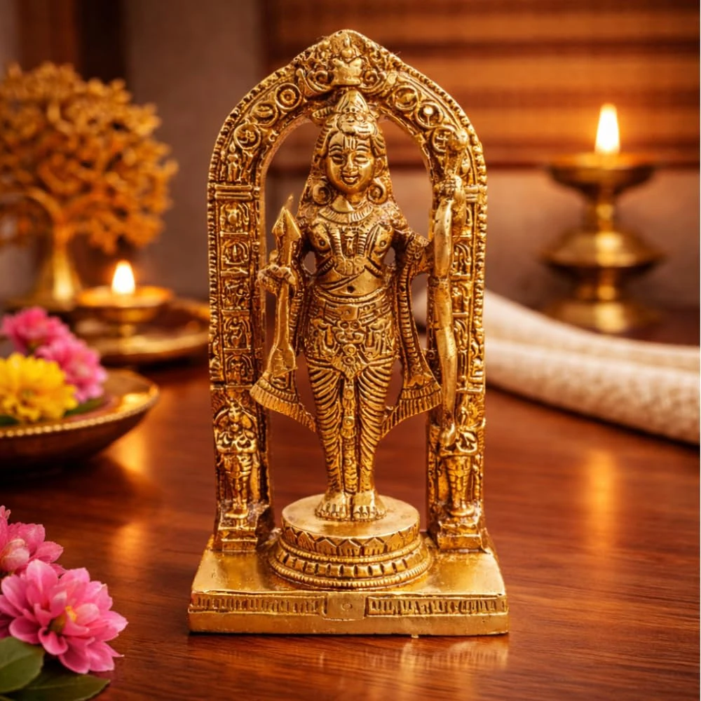 LUXEBERRY Brass Ram Lalla Shri Ram Ayodhya Temple Idol | Ram Lala Murti for Home Mandir, Pooja & Decor | Premium Brass Ram Statue (15 x 7.5 x 4 cm)