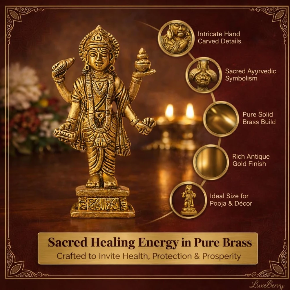 LUXEBERRY Brass Statue of Dhanvantari Idol of Ayurveda, Brass Shri Vishnu Avtar, for Home Decor Idol for Mandir | Dhanvantari | Dhanvantari car Dashboard | Small Size