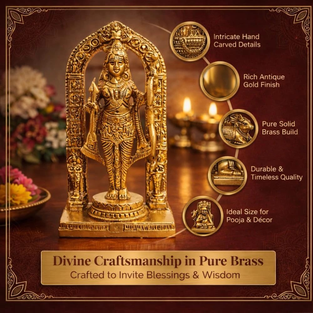 LUXEBERRY Brass Ram Lalla Shri Ram Ayodhya Temple Idol | Ram Lala Murti for Home Mandir, Pooja & Decor | Premium Brass Ram Statue (15 x 7.5 x 4 cm)