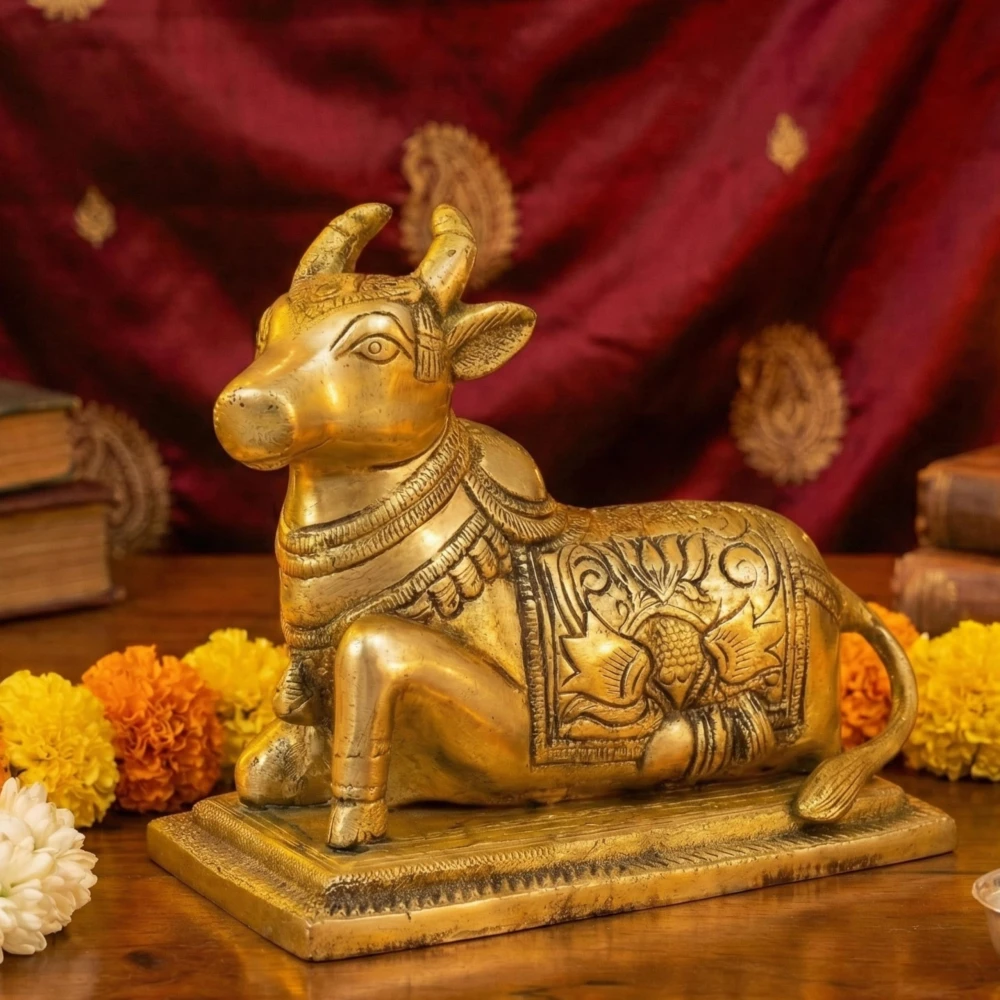 LUXEBERRY Brass Nandi Bull Idol with Tail for Shiv Puja | Astadhatu Finish Statue for Home Temple & Vastu Decor | Shiva Brishabh Nandi Murti for Pooja, Office & Gifting