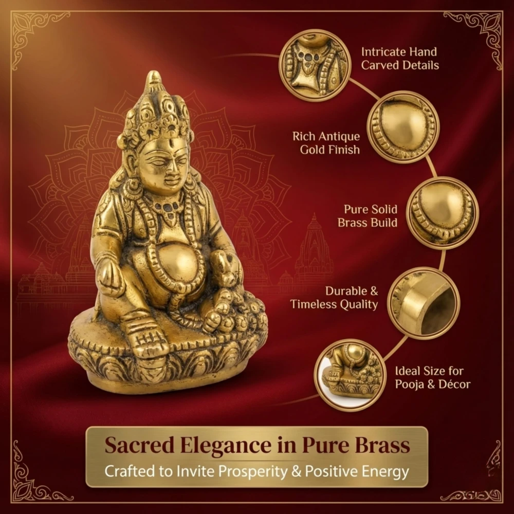 LUXEBERRY Pure Brass Kuber Idol | Kubera Murti for Wealth & Prosperity | Vastu Statue for Home, Office, Business & Pooja Room | Dhan Kuber Good Luck Idol