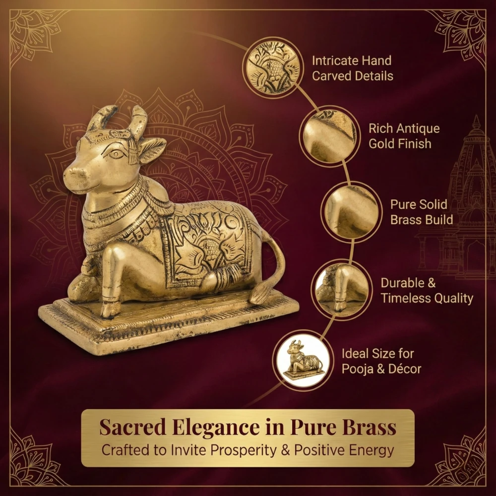 LUXEBERRY Brass Nandi Bull Idol with Tail for Shiv Puja | Astadhatu Finish Statue for Home Temple & Vastu Decor | Shiva Brishabh Nandi Murti for Pooja, Office & Gifting
