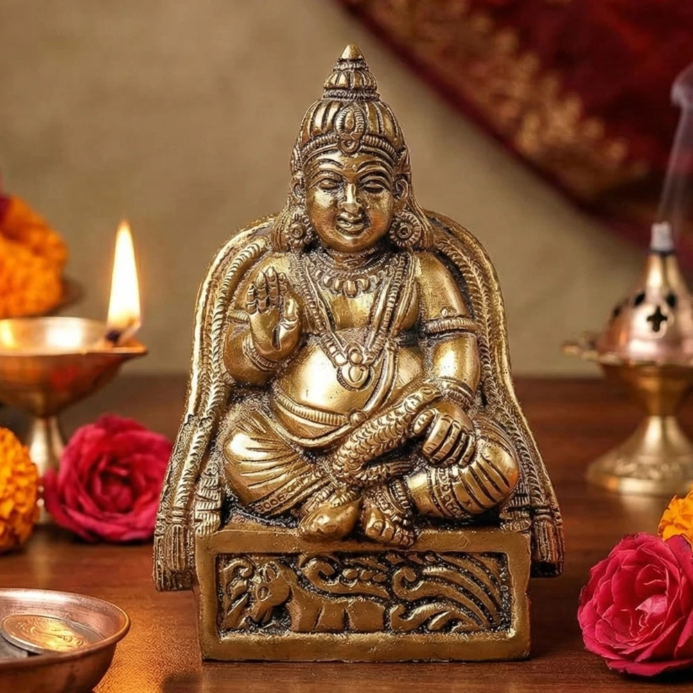 LUXEBERRY Pure Brass Kuber Maharaj Idol | Kubera Murti for Wealth & Prosperity | Vastu Statue for Home, Office, Business & Pooja Room | Good Luck & Dhan Vastu Remedy