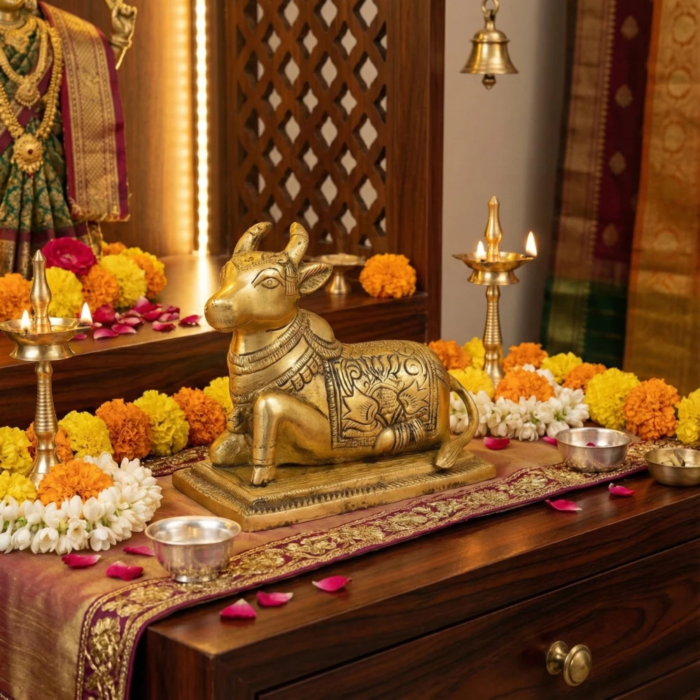 LUXEBERRY Brass Nandi Bull Idol with Tail for Shiv Puja | Astadhatu Finish Statue for Home Temple & Vastu Decor | Shiva Brishabh Nandi Murti for Pooja, Office & Gifting
