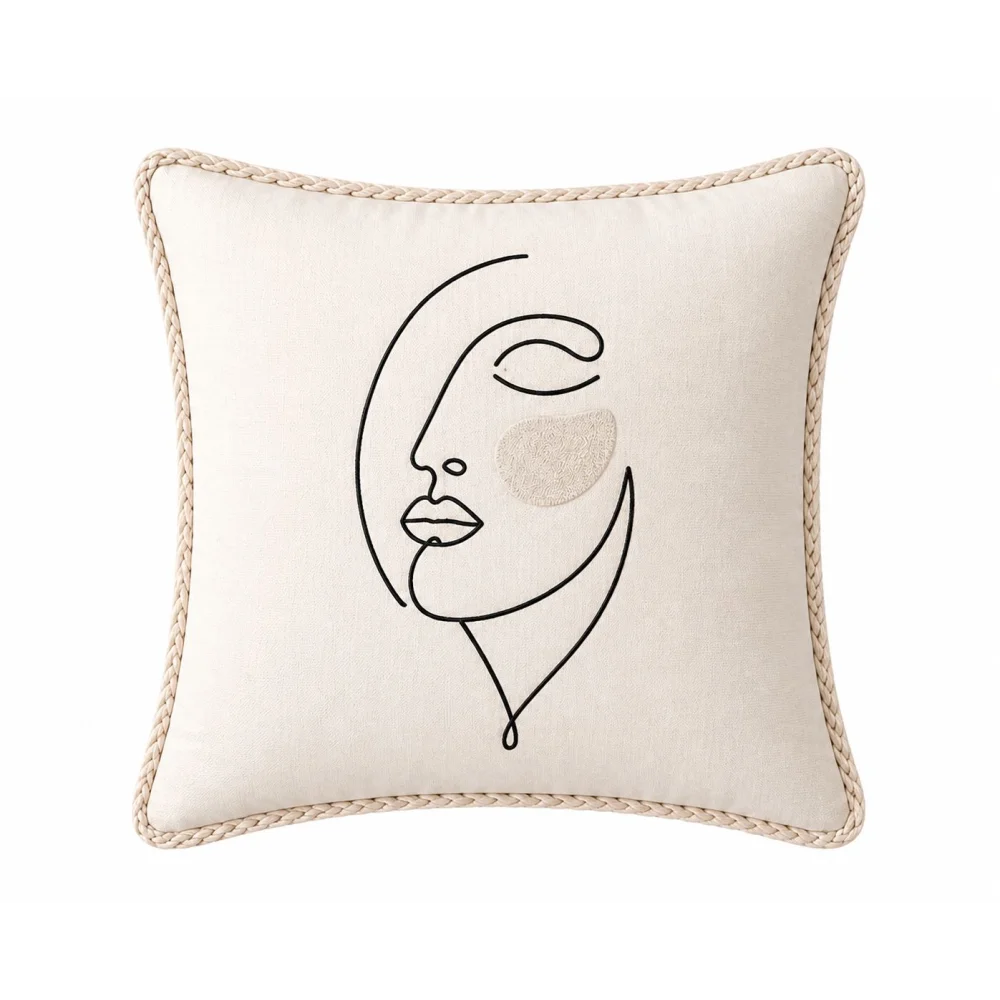 KESAR KREATION THREADS MINIMAL FACE LINE EMBROIDERY CUSHION COVER