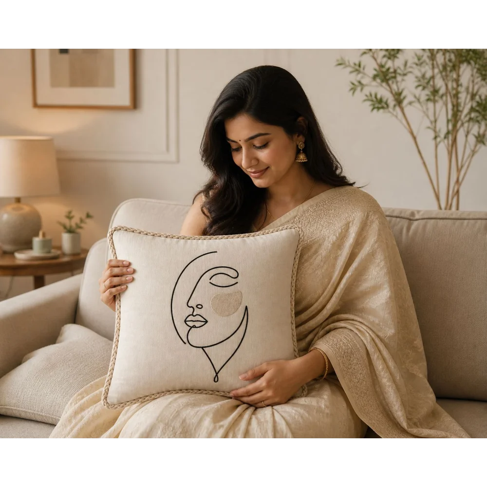 KESAR KREATION THREADS MINIMAL FACE LINE EMBROIDERY CUSHION COVER