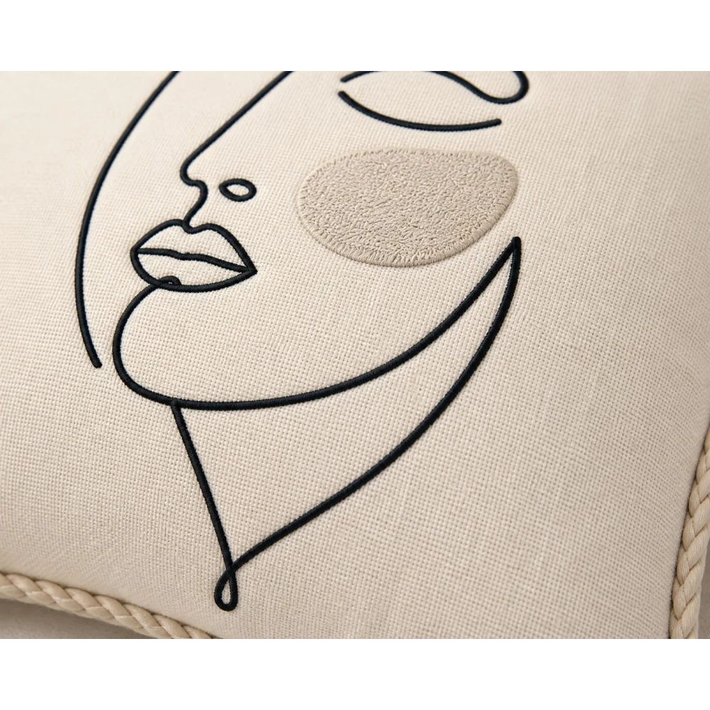 KESAR KREATION THREADS MINIMAL FACE LINE EMBROIDERY CUSHION COVER