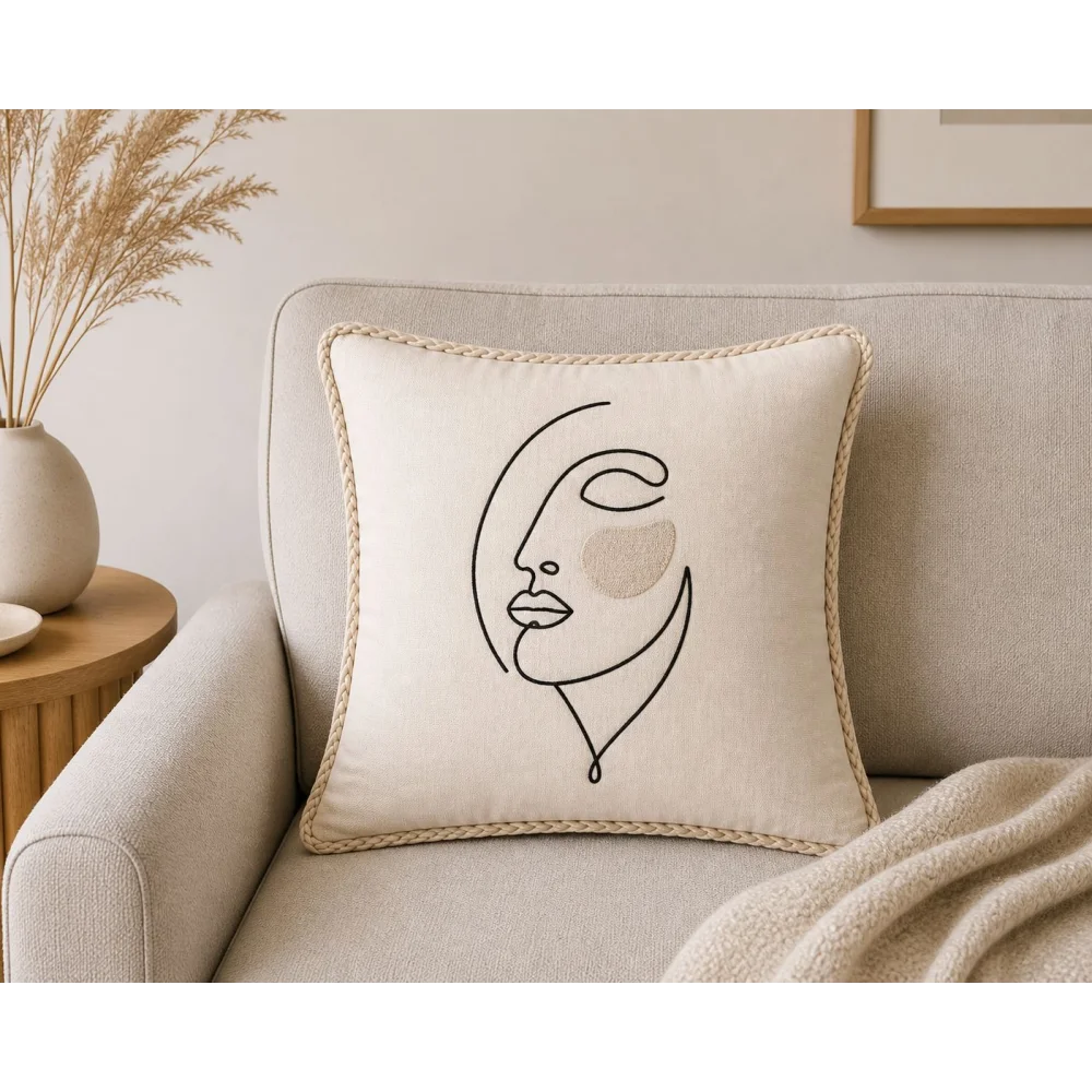 KESAR KREATION THREADS MINIMAL FACE LINE EMBROIDERY CUSHION COVER