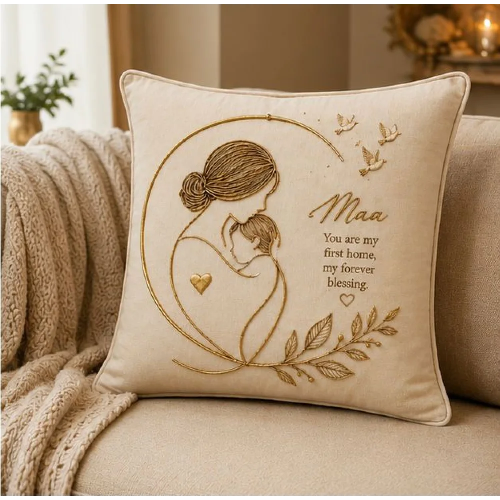 KESAR KREATION THREADS MAA MOTHER LOVE EMBROIDERY CUSHION COVER