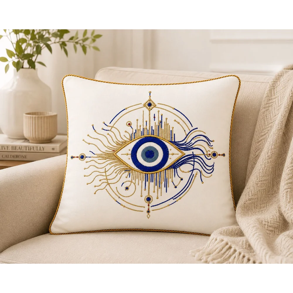 KESAR KREATION THREADS EVIL EYE EMBRIODERY CUSHION COVER