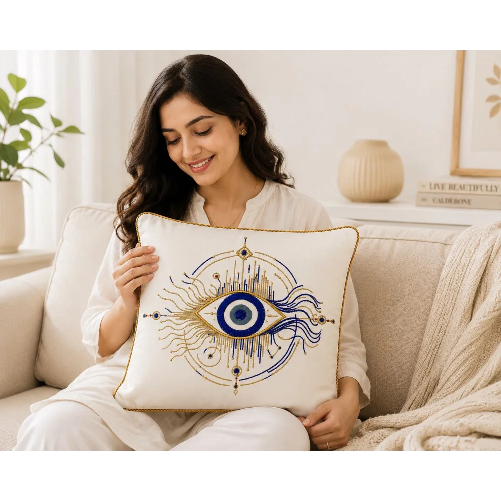 KESAR KREATION THREADS EVIL EYE EMBRIODERY CUSHION COVER