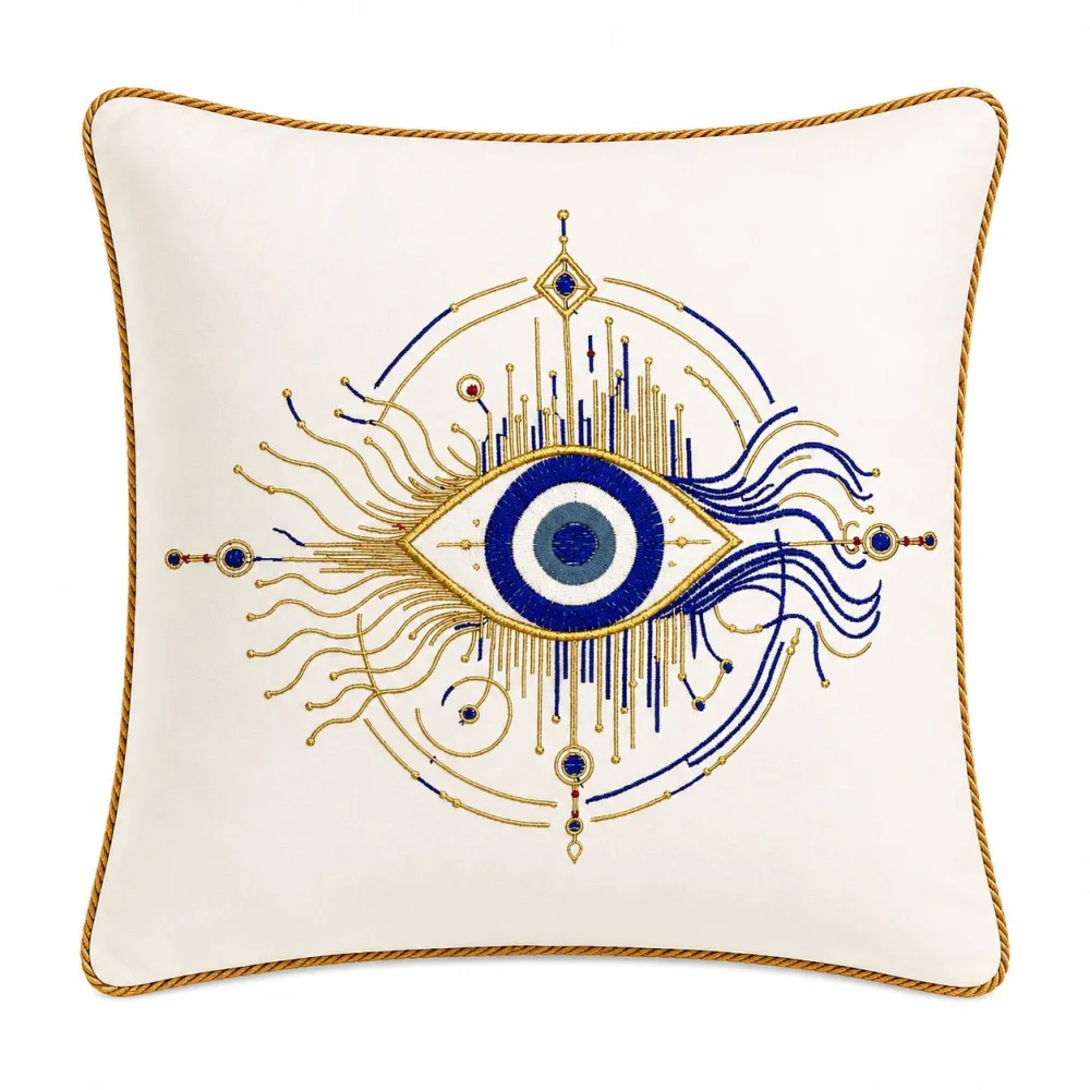 KESAR KREATION THREADS EVIL EYE EMBRIODERY CUSHION COVER