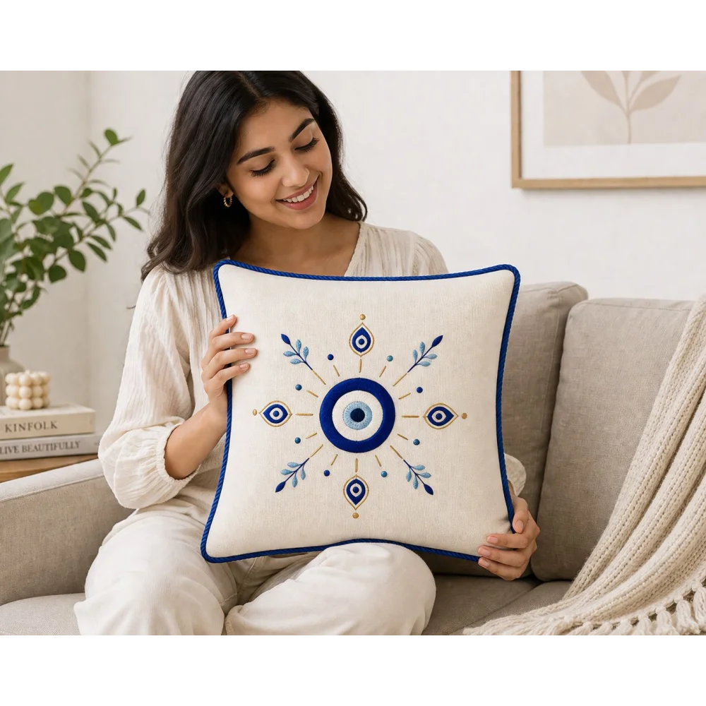 KESAR KREATION THREADS EVIL EYE PREMIUM EMBROIDERY CUSHION COVER