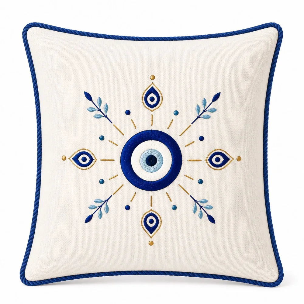 KESAR KREATION THREADS EVIL EYE PREMIUM EMBROIDERY CUSHION COVER